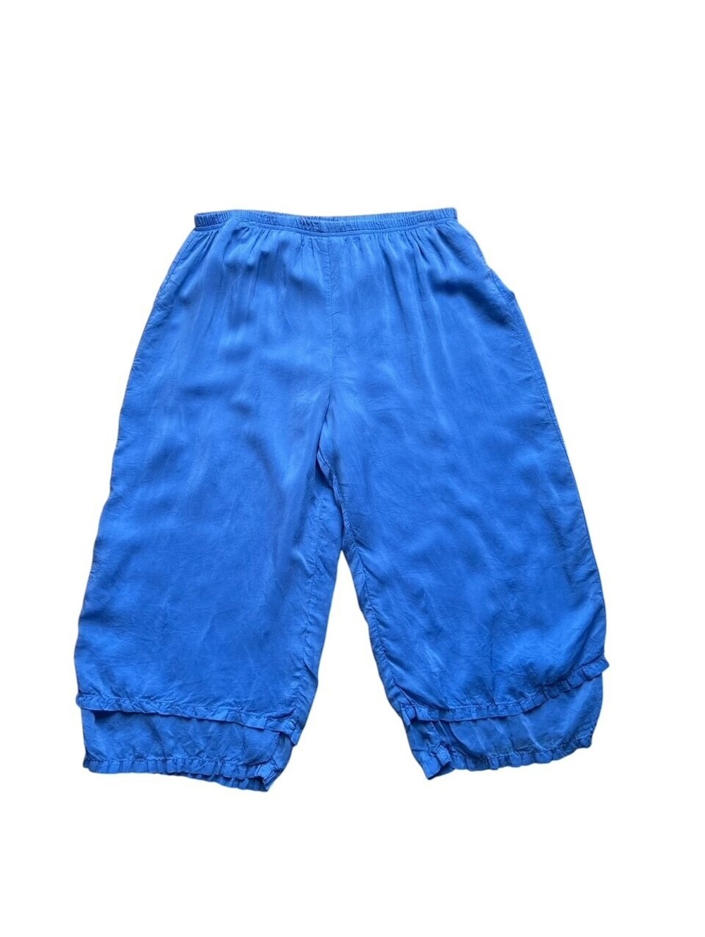 Vtg Click Cupro Rayon Wide Leg Capri Pants L Blue Double Ruffle Lagenlook USA
